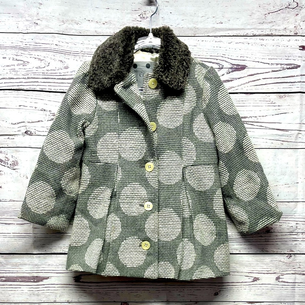 Cherokee Gray & White Polka Dot Dress Pea Coat with a Faux Fur Collar Size 3t